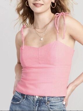 Old Navy Fitted Linen Blend Shoulder Tie Corset Style Sweetheart Neck Cami Top